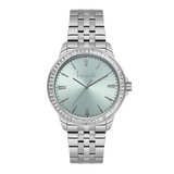 Freelook women's watch featuring a green dial and stainless steel bracelet