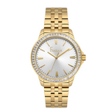 Freelook women's watch featuring a silver dial and gold-tone stainless steel bracelet