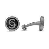 Front perspective view of a pair of Cerruti 1881 Orlando men's cufflinks, showcasing the gunmetal frames and black lacquer Double C motif.