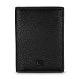 A direct portrait studio shot of the closed Saint Honoré Mael black full grain leather card holder, showcasing its textured pebble finish and the small black SH monogram at the bottom.