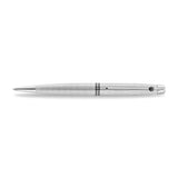 A high-resolution studio presentation of the Aigner Caruso men's luxury ballpoint pen displayed horizontally against a white background, highlighting its brilliant silver-plated brass barrel, the central silver band with vertical Aigner branding, a sleek chrome pocket clip, and the exposed fine writing tip cone.