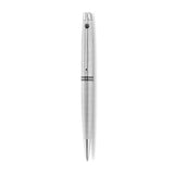 A high-resolution studio presentation of the Aigner Caruso men's luxury ballpoint pen displayed horizontally against a white background, highlighting its brilliant silver-plated brass barrel, the central silver band with vertical Aigner branding, a sleek chrome pocket clip, and the exposed fine writing tip cone.