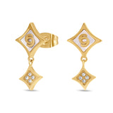 Front overview of the gold-plated Cerruti 1881 Francesca stud earrings, showcasing the interlocking Double C logo with crystal and mother-of-pearl details.