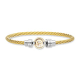 A high-resolution studio shot of the Aigner Ale Quat small women's bangle bracelet, showcasing the yellow gold-plated twisted cable band, the central gold-rimmed mother-of-pearl medallion with the horseshoe logo, and the flanking silver-tone end-caps engraved with the Aigner brand name.
