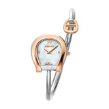 A high-resolution studio shot of the Aigner Flora large women's watch, showcasing its silver and rose gold horseshoe case, white mother-of-pearl patterned dial, rose gold crown, and integrated silver torque bangle with a rose gold horseshoe cuff accent.