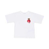 Front T-shirt view of the Moschino kids girls white T-shirt and pink trousers teddy print set. Shop Now Online