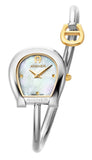 A direct studio front catalog portrait of the women's Aigner Flora S watch, highlighting its polished silver stainless steel horseshoe case, gold-tone inner bezel trim, textured checkered white Mother of Pearl dial, and the wrapping tubular steel bangle with its contrast yellow gold horseshoe logo charm.