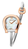 A direct studio front catalog portrait of the women's Aigner Flora S watch, highlighting its two-tone rose gold and silver horseshoe case, textured checkered Mother of Pearl dial, and the wrapping tubular steel bangle with its contrast rose gold horseshoe logo charm.
