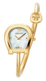 A front studio catalog portrait of the women's Aigner Flora L watch, highlighting its yellow gold-plated horseshoe case, textured checkered Mother of Pearl dial, and the wrapping tubular bangle bracelet with its matching horseshoe logo charm.