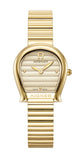 A front studio portrait of the women's Aigner Isernia watch, highlighting its yellow gold-plated horseshoe case, debossed logo bezel, ribbed champagne dial, and custom horizontal curved link bracelet.