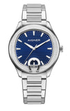 A direct vertical studio shot of the Aigner Torino men's Swiss Made watch, highlighting its textured royal blue dial, silver-tone index markers, and signature horseshoe logo at the 6 o'clock mark.