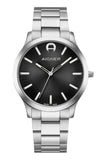 A direct front studio photograph of the Aigner Treviso Tre men's watch, showcasing its round stainless steel case, textured concentric circular black dial, and integrated silver steel link bracelet.