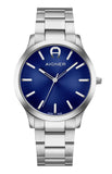 A direct vertical studio portrait of the Aigner Treviso Tre men's watch, showcasing its polished steel bezel, circular-textured sunburst blue dial, silver hands, and applied horseshoe logo at 12 o'clock.