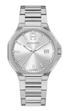 A front studio photograph of the Aigner Fermo Due men's watch, showcasing its angular stainless steel bezel, sunray silver dial, applied horseshoe monogram at 12 o'clock, and integrated date display at 3 o'clock.