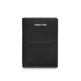 Front view of the black Cerruti 1881 men's card holder, showcasing the scratch-resistant Saffiano genuine leather texture and silver logo plaque.