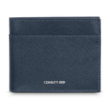Front view of the Cerruti 1881 men's bi-fold wallet in navy blue cross-hatch Saffiano genuine leather, featuring an exterior slot pocket and a silver metallic brand name at the bottom.