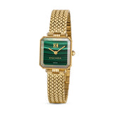 A direct vertical studio shot of the Escada Ava 22mm square gold-plated ladies' watch, highlighting its rich green malachite dial and matching yellow gold woven mesh bracelet.
