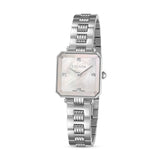 A three-quarter front studio studio photograph of the Escada Ava women's watch, showcasing its square stainless steel case, T-bar lugs, iridescent white Mother of Pearl dial, and four cardinal diamond markers.