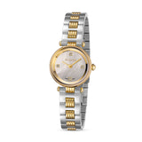 A direct studio catalog portrait of the Escada Scarlett watch, showing its yellow gold-plated 24mm round case, iridescent white Mother of Pearl dial with 4 genuine diamond hour markers, and the two-tone silver and ribbed yellow gold link bracelet.