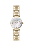 A direct, flat studio catalog render of the Escada Scarlett women's watch, showcasing its yellow gold-plated case, T-bar lugs, iridescent white Mother of Pearl dial face, and cardinal diamond markers.