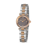 A direct studio catalog portrait of the Escada Scarlett watch, showing its rose gold-plated 24mm round case, iridescent grey Mother of Pearl dial with 4 genuine diamond hour markers, and the two-tone silver and ribbed rose gold link bracelet.