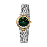 A crisp, vertical studio shot of the front-facing Escada Scarlett 24mm gold-plated ladies' watch, showcasing its deep green malachite dial and intricate woven silver mesh bracelet.