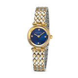 A direct studio portrait of the Escada Scarlett watch, showing its polished gold round case, midnight blue Mother of Pearl dial with four diamond markers, and the integrated silver and yellow gold two-tone scale link bracelet.