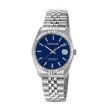 A direct studio product catalog shot of the Guy Laroche Rosalie timepiece, showcasing its polished fluted bezel, rich blue dial with date window, and matching stainless steel Jubilee link bracelet.