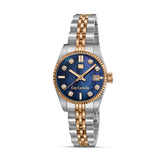 A direct studio product catalog shot of the Guy Laroche Rose women's watch, highlighting its rose gold fluted bezel, midnight blue Mother of Pearl diamond dial, and two-tone silver and rose gold Jubilee link bracelet.