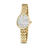 A direct front studio portrait of the Guy Laroche Lauren watch, showcasing its unique gold-plated oval case, iridescent white Mother of Pearl dial with Roman numerals, and the matching gold-plated 5-link jewelry bracelet.