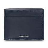 Front view of the classic Cerruti 1881 men's bi-fold wallet in smooth navy blue genuine leather, featuring an integrated slip pocket and a silver metallic brand logo at the bottom.