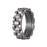 Front view of the Cerruti 1881 Paolo men's band ring, showcasing the triple-layer structure, knurled center pattern, and engraved logo plaque.