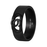 Front angle view of the black steel Cerruti 1881 Paolo men's band ring, showing its textured knurled layers and central logo plaque.