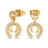 Front layout view of the gold-plated Cerruti 1881 Amalia stud earrings, showcasing the interlocking Double C motif with sparkling crystal accents.