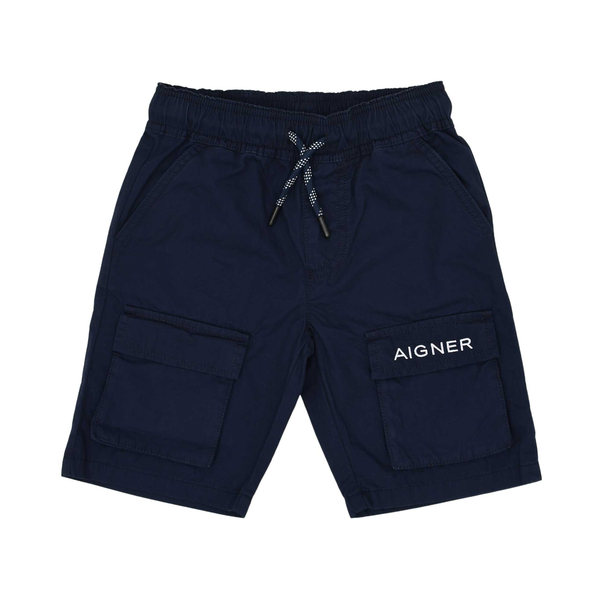 Front View of the Aigner Kids boys navy cargo bermuda shorts drawstring waist casual wear. Find Online Today