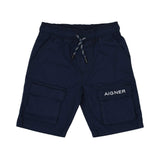 Front View of the Aigner Kids boys navy cargo bermuda shorts drawstring waist casual wear. Find Online Today
