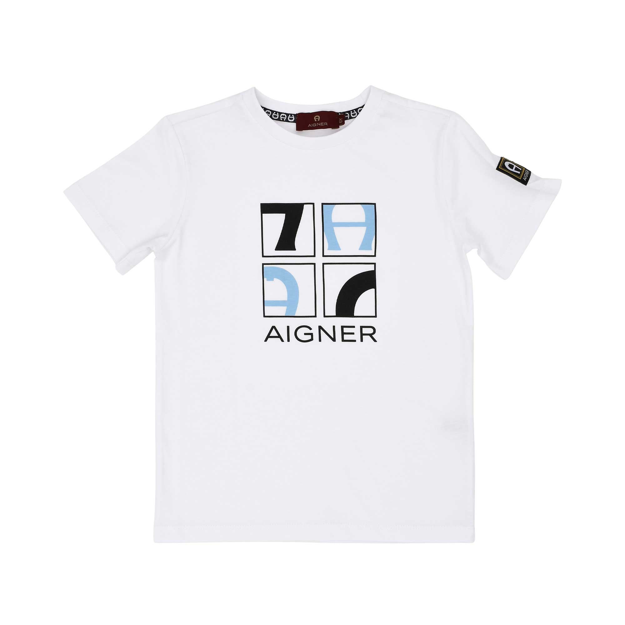 Front View of the Aigner Kids boys white cotton t-shirt multi logo graphic. Find Online