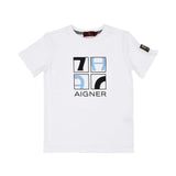 Front View of the Aigner Kids boys white cotton t-shirt multi logo graphic. Find Online