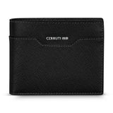A direct front-facing studio shot of the closed Cerruti 1881 Croce men's black Saffiano leather bifold wallet, highlighting its silver metallic logo and signature geometric front pocket.