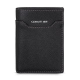 A direct front studio shot of the closed Cerruti 1881 Croce men's black Saffiano leather trifold card case, showing the silver metallic brand logo and signature angular front pocket.