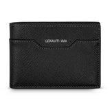A direct studio front view of the closed Cerruti 1881 Croce men's black Saffiano leather wallet, highlighting the silver-tone metallic branding and the angular front card slot.