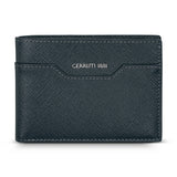 A direct front-facing studio shot of the closed Cerruti 1881 Croce men's blue Saffiano leather wallet, highlighting the silver metallic logo and geometric exterior card slot.