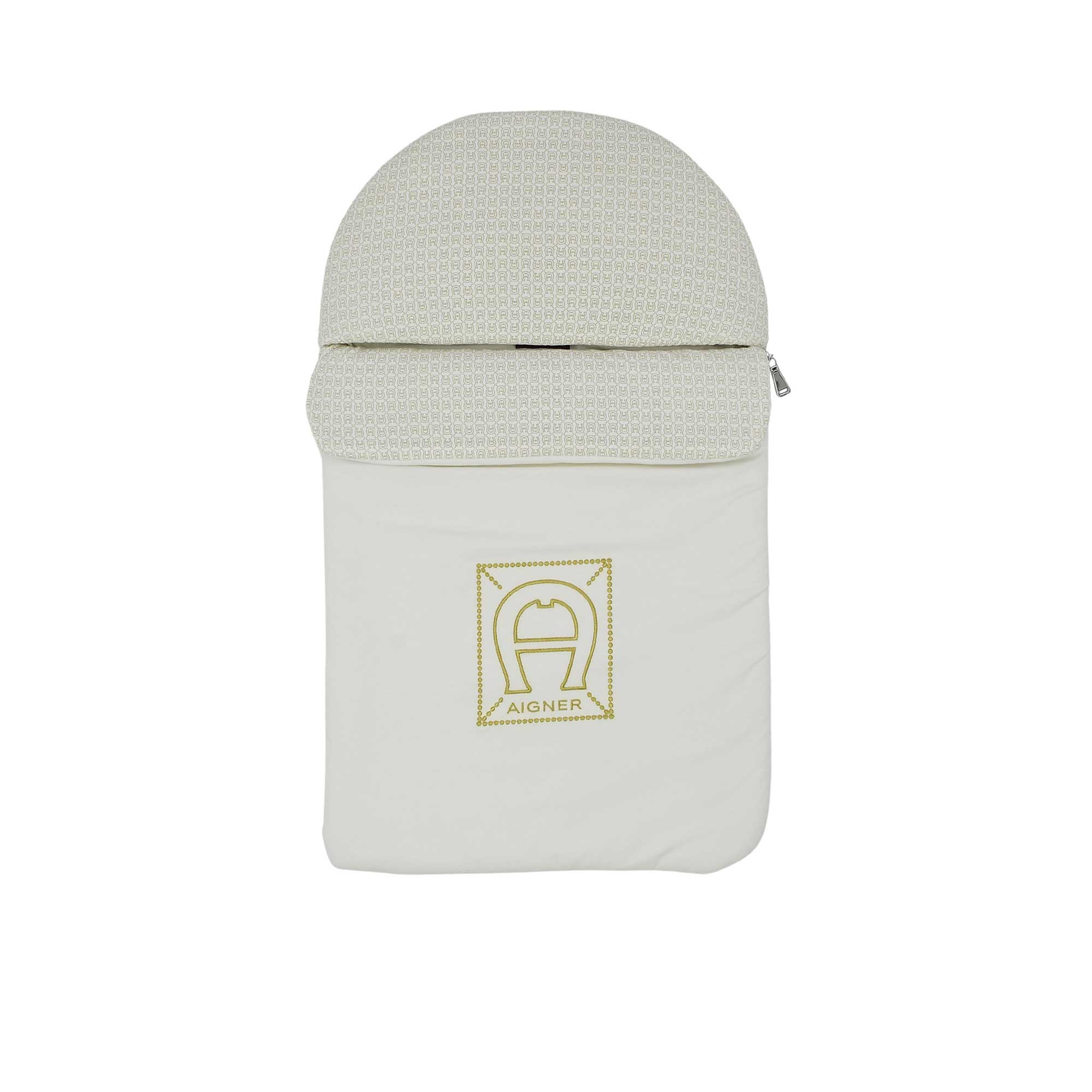 Front closed view of the Aigner kids newborn White baby nest with gold logo frame and monogram hood Available for Online Purchase