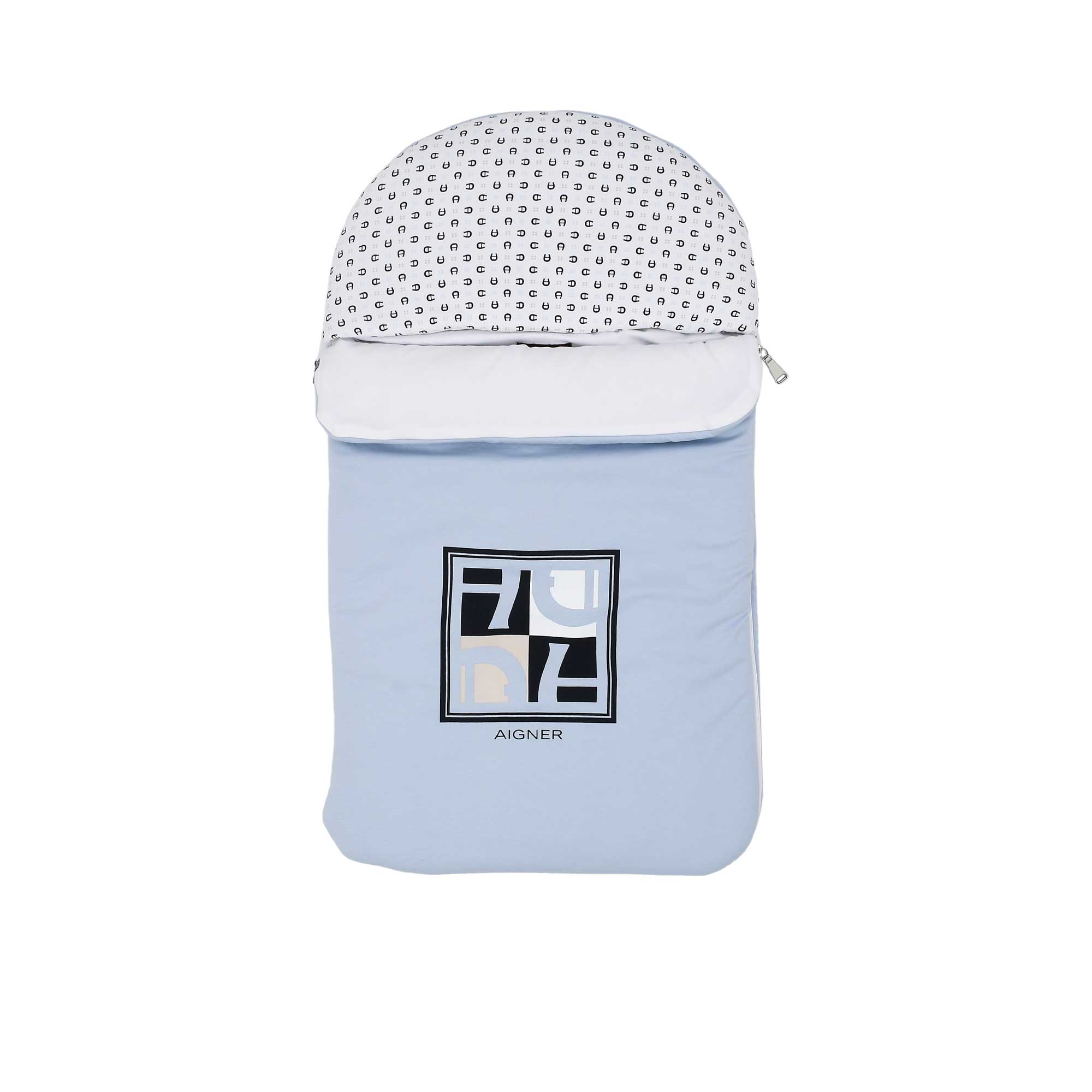 Front closed view of the Aigner kids newborn blue baby nest with logo panel and monogram hood. Shop Now Online for the Latest Collection