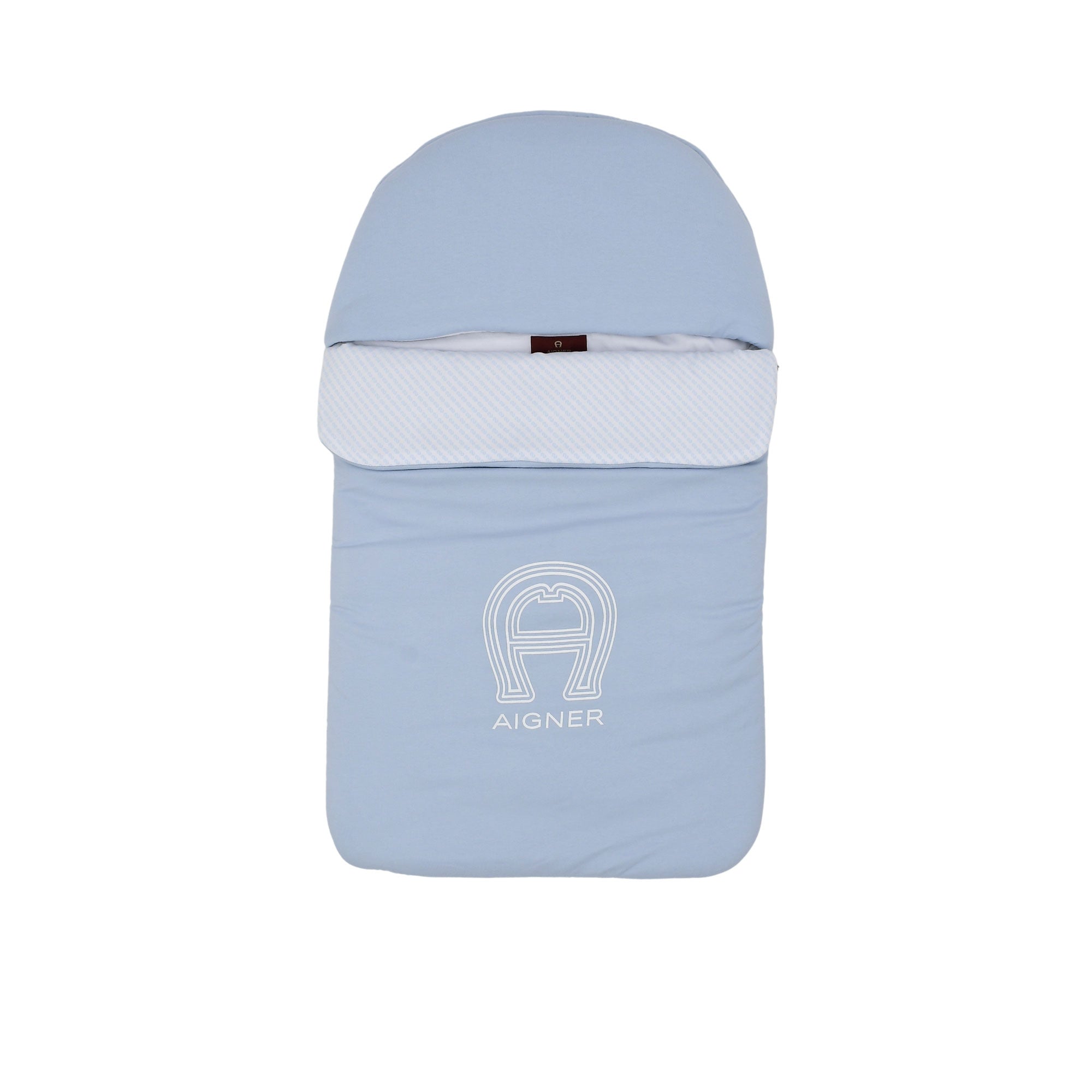 Front closed view of the Aigner kids newborn logo padded blue baby nest  cocoon and fold-over cover. Shop Now Online