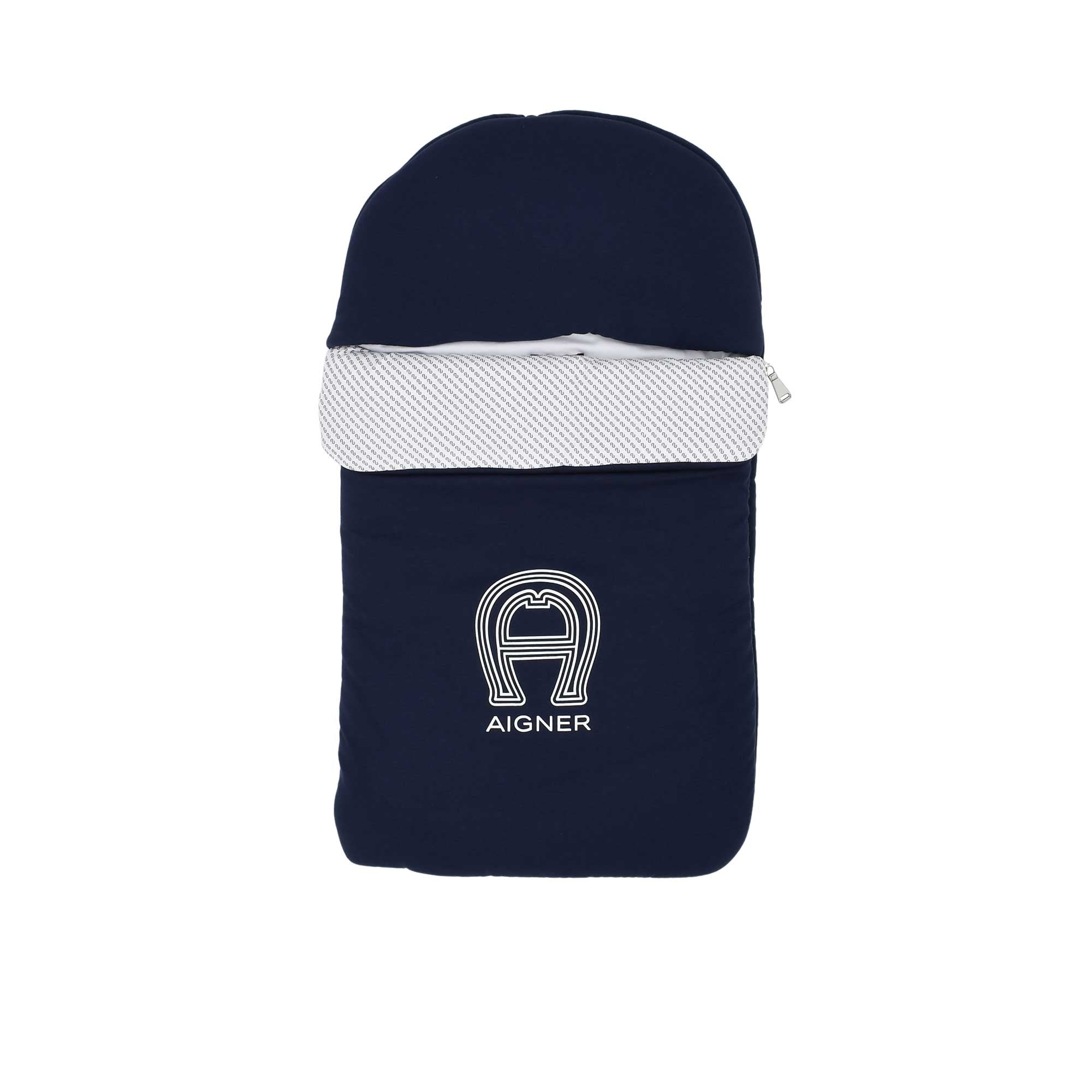 Front closed view of the Aigner kids newborn logo padded navy baby nest  cocoon and fold-over cover. Shop Now Online