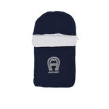 Front closed view of the Aigner kids newborn logo padded navy baby nest  cocoon and fold-over cover. Shop Now Online