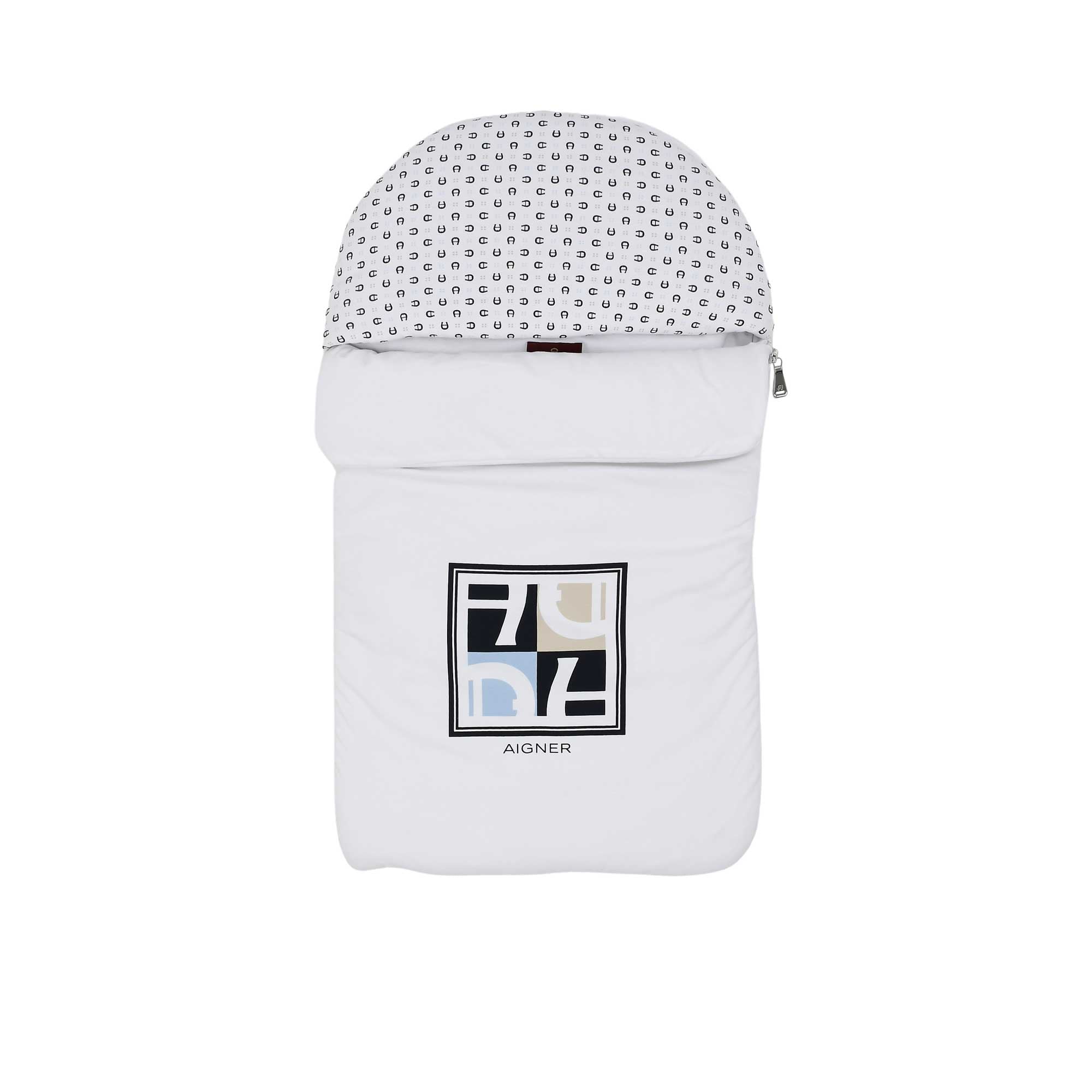 Front closed view of the Aigner kids newborn white baby nest with logo panel and monogram hood. Shop Now Online for the Latest Collection