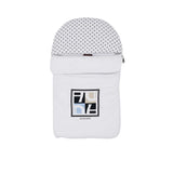 Front closed view of the Aigner kids newborn white baby nest with logo panel and monogram hood. Shop Now Online for the Latest Collection