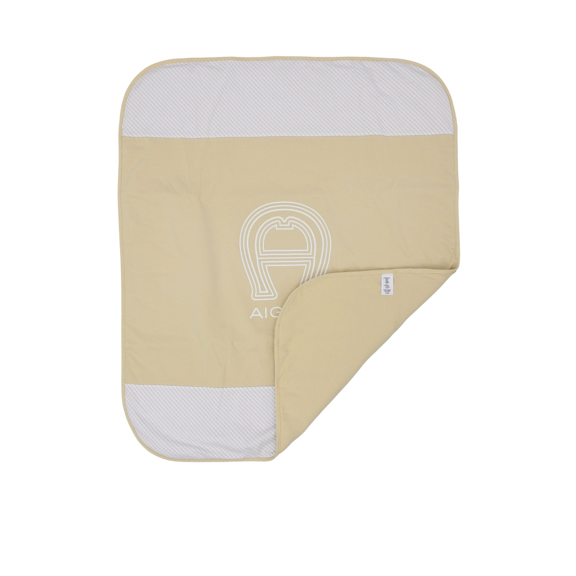 Front folded view of the Aigner kids newborn beige blanket with large logo and textured borders Shop the Latest Online